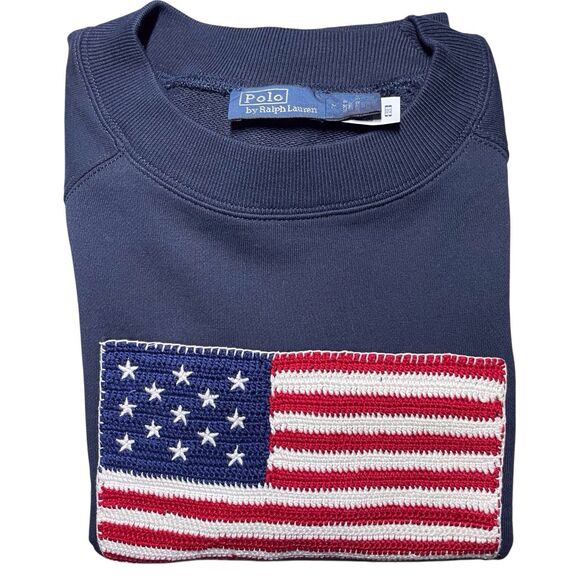 Polo Ralph Lauren Logo Flag French Terry Crewneck Sweatshirt Size M Navy EUC - Picture 16 of 16